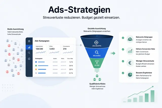 Infografik „Ads-Strategien“: links breite Ausrichtung mit vielen irrelevanten Klicks, in der Mitte ein Funnel aus Zielgruppe, Relevanz und Filter zu qualifizierten Klicks, rechts Vorteile wie höhere Conversion-Rate und weniger Streuverluste.