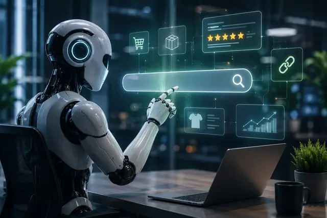 Illustration zum Thema Affiliate-Inhalte in der KI-Suche: ein humanoider Roboter an einem Schreibtisch bedient eine holografische Suchleiste, umgeben von Symbolen für Produkte, Bewertungen, Links und Verkaufszahlen.