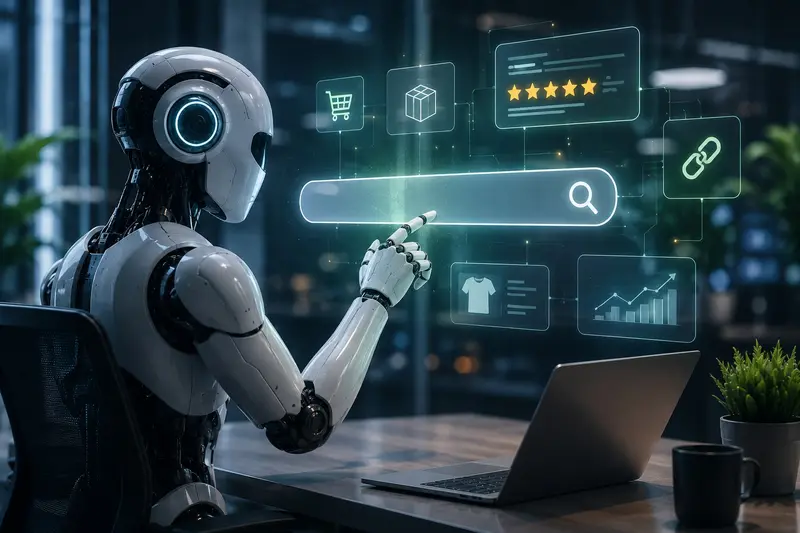 Illustration zum Thema Affiliate-Inhalte in der KI-Suche: ein humanoider Roboter an einem Schreibtisch bedient eine holografische Suchleiste, umgeben von Symbolen für Produkte, Bewertungen, Links und Verkaufszahlen.