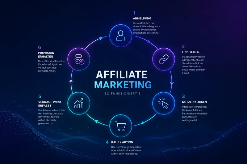 Infografik zum Ablauf des Affiliate-Marketings in sechs Schritten: Anmeldung beim Partnerprogramm, Teilen des Partnerlinks, Klick des Nutzers, Kauf oder Aktion beim Anbieter, Erfassung des Verkaufs und Auszahlung der Provision.