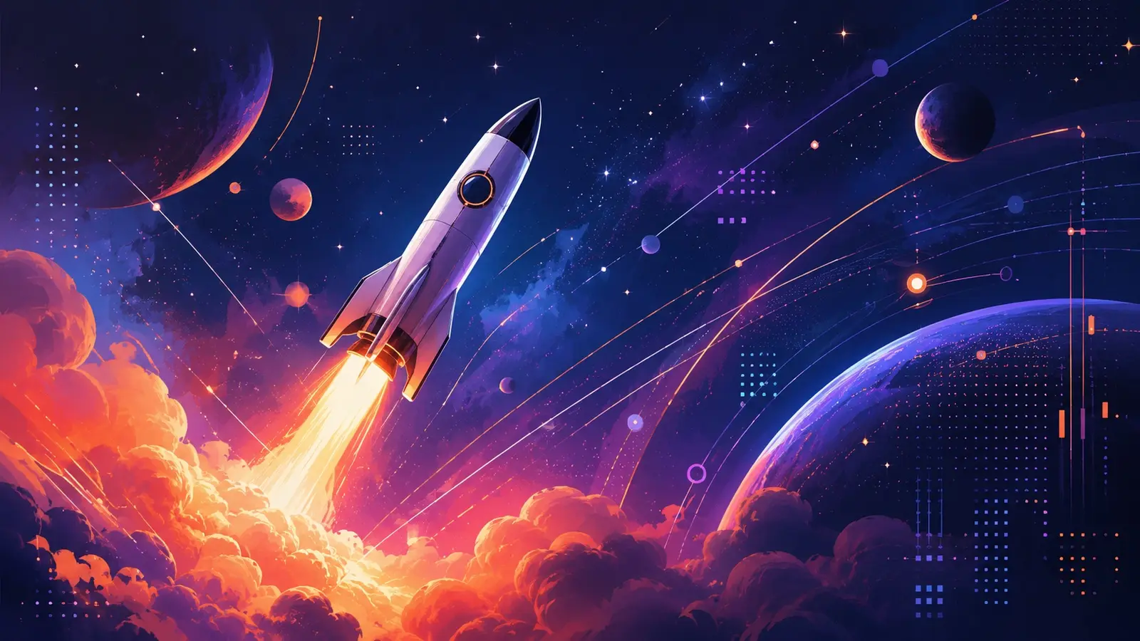 Illustration einer startenden Rakete, die vor einem violett-blauen Sternenhimmel durch leuchtende Wolken aufsteigt – Sinnbild für die Geschwindigkeit moderner Websites.