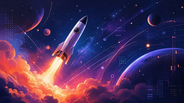 Illustration einer startenden Rakete, die vor einem violett-blauen Sternenhimmel durch leuchtende Wolken aufsteigt – Sinnbild für die Geschwindigkeit moderner Websites.