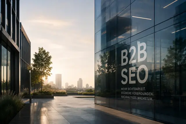 Gläserne Bürofassade im Morgenlicht mit der Aufschrift „B2B SEO – mehr Sichtbarkeit, stärkere Verbindungen, nachhaltiges Wachstum“, im Hintergrund eine Stadtsilhouette.