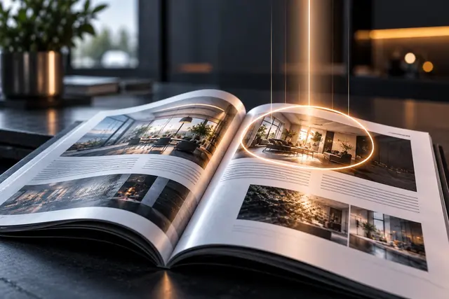 Aufgeschlagenes Magazin auf einem dunklen Tisch, auf dessen rechter Seite ein leuchtender Ring einen einzelnen Beitrag hervorhebt.