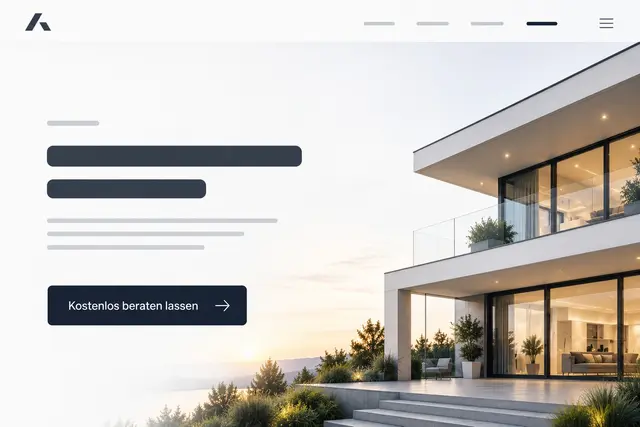 Mockup einer Website-Startseite mit angedeuteter Überschrift und einem auffälligen dunklen Call-to-Action-Button „Kostenlos beraten lassen" mit Pfeil; rechts das Foto eines modernen Hauses im Abendlicht.
