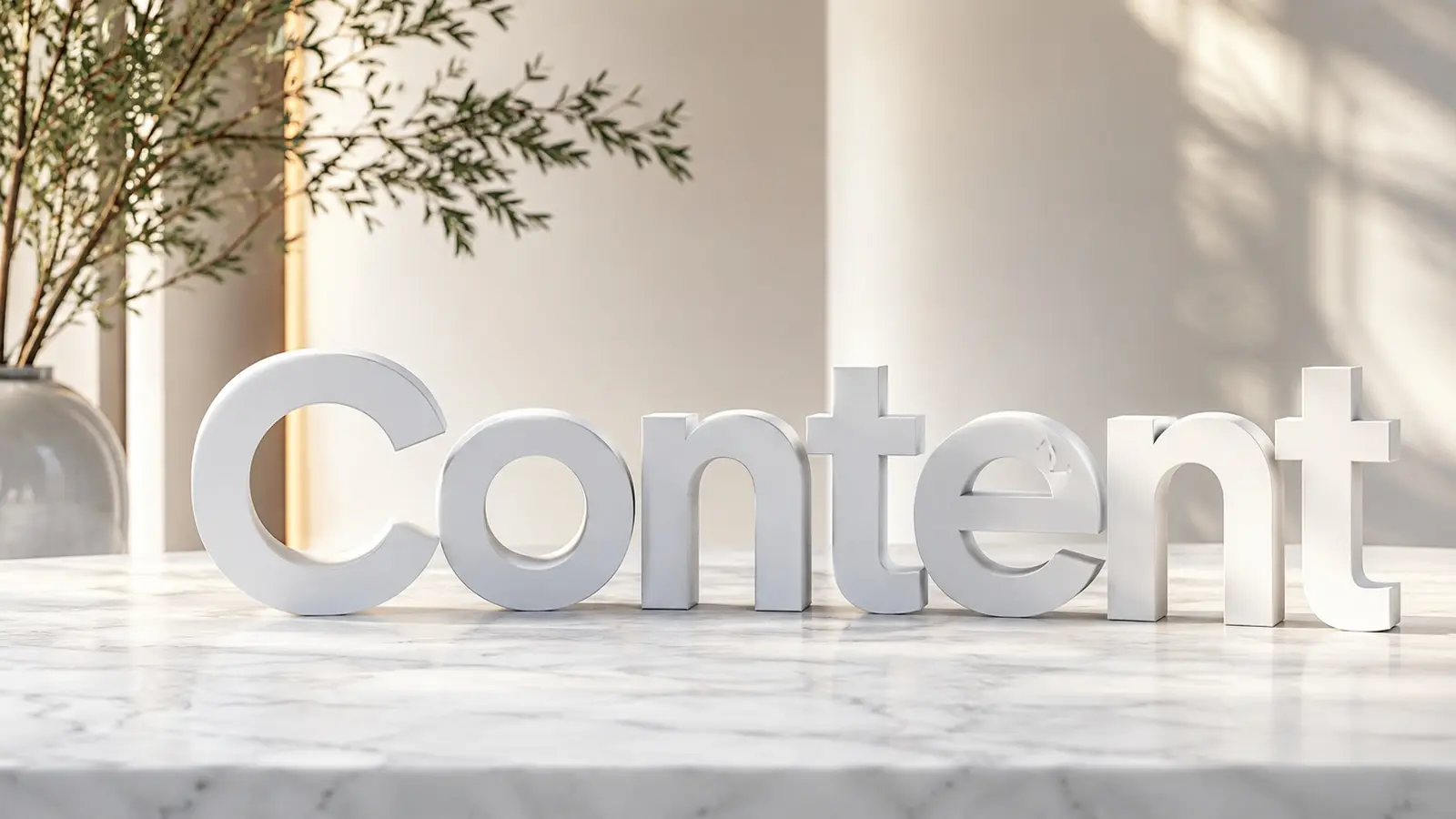 Das Wort „Content“ als 3D-Schriftzug auf einem Marmortisch neben einem Olivenzweig.