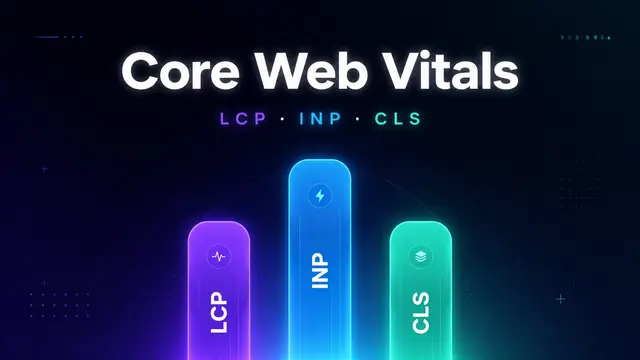 Dunkle Tech-Grafik mit dem Titel „Core Web Vitals“ und drei leuchtenden Balken für die Metriken LCP, INP und CLS.