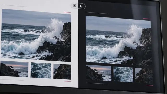 Bildschirm mit einer Website zu Meeresfotografie in zwei Hälften, links in heller Darstellung, rechts im Dark Mode mit denselben Fotos einer Welle, die sich an dunklen Felsen bricht, oben in der Mitte ein Umschalter mit Sonne und Mond.