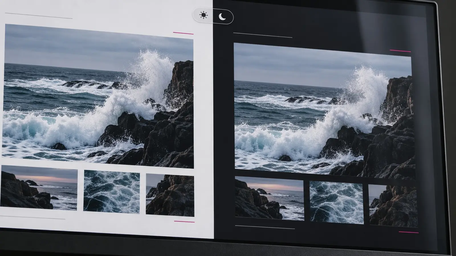 Bildschirm mit einer Website zu Meeresfotografie in zwei Hälften, links in heller Darstellung, rechts im Dark Mode mit denselben Fotos einer Welle, die sich an dunklen Felsen bricht, oben in der Mitte ein Umschalter mit Sonne und Mond.