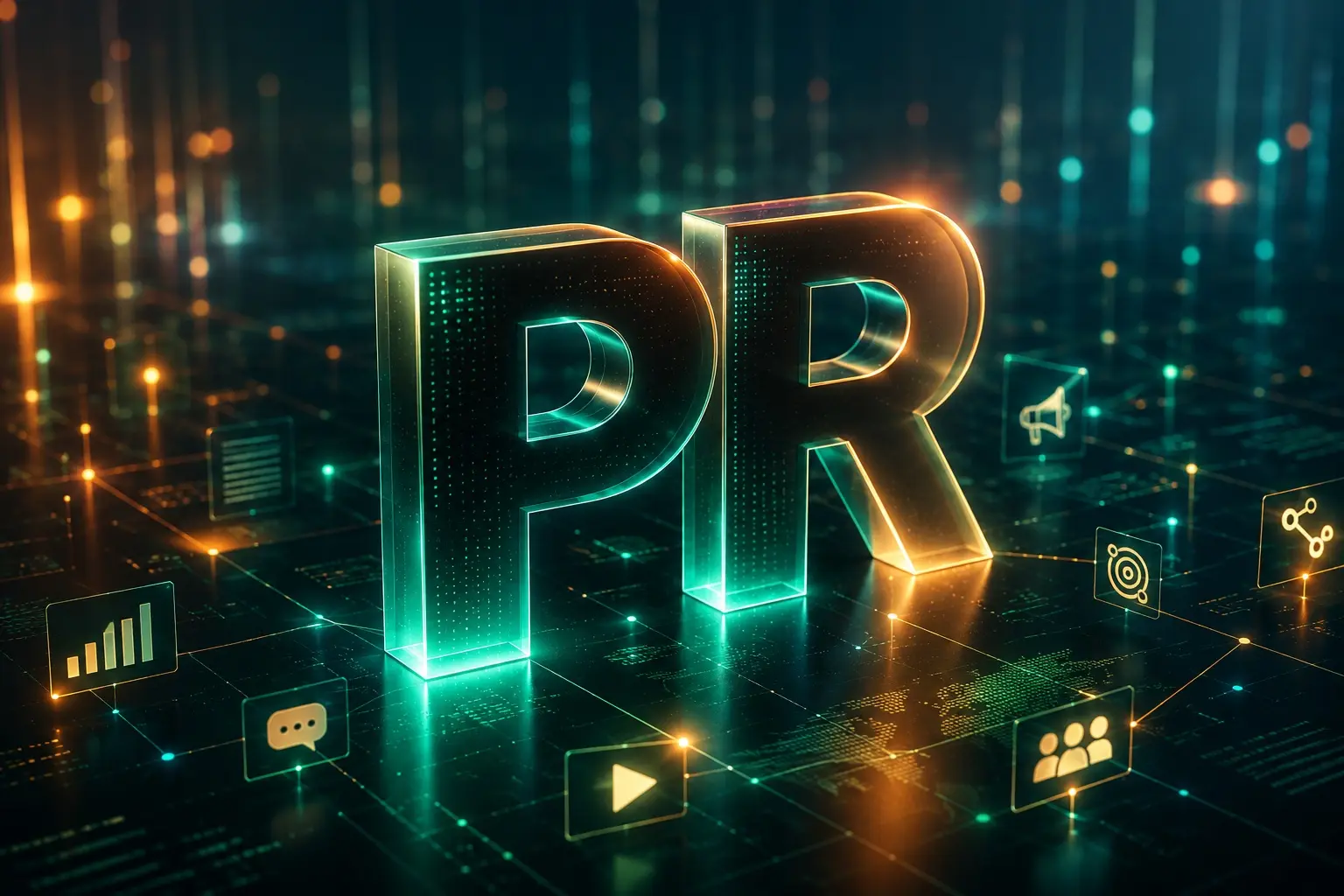 Illustration zur digitalen PR: die leuchtenden 3D-Buchstaben PR auf einer digitalen Fläche, umgeben von Symbolen für Medien, Reichweite, Netzwerk und Publikum.