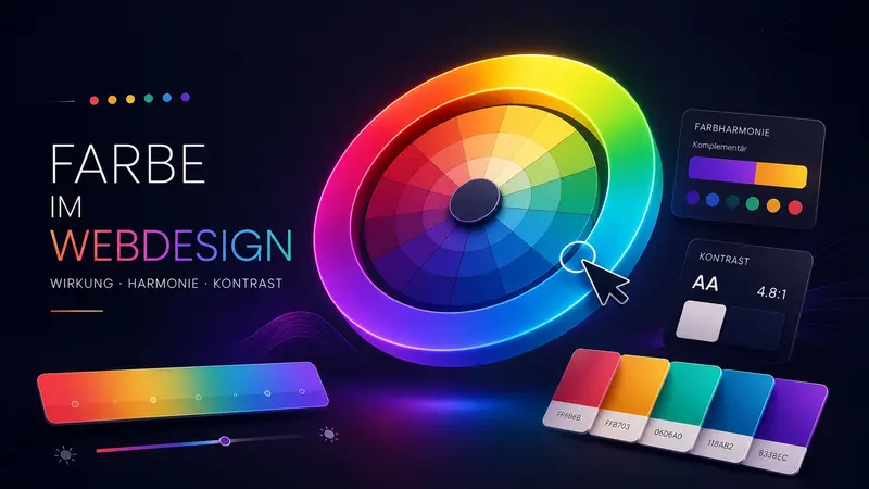 Illustration zum Thema Farbe im Webdesign: ein leuchtender Farbkreis, daneben Anzeigen zu Farbharmonie und Kontrast sowie eine Farbpalette mit Hex-Werten.