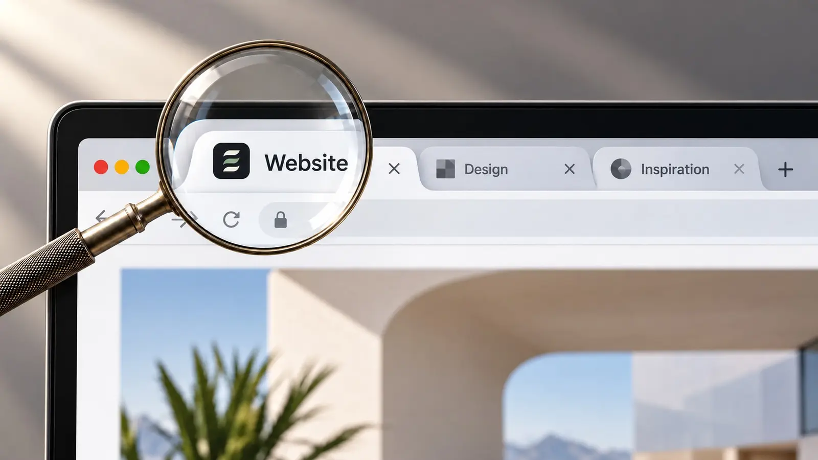 Eine Lupe vergrößert den ersten Tab eines Browserfensters mit einem dunklen Favicon und der Beschriftung Website, daneben folgen die Tabs Design und Inspiration, darunter ist eine Website mit heller Architektur und Palme zu sehen.