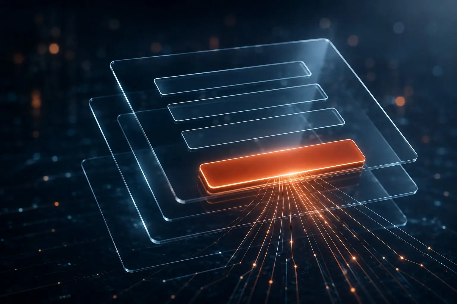 Abstrakte 3D-Darstellung eines Formulars aus schwebenden Glasflächen mit drei Eingabefeldern und einer leuchtenden orangefarbenen Schaltfläche, von der feine Lichtlinien ausgehen.