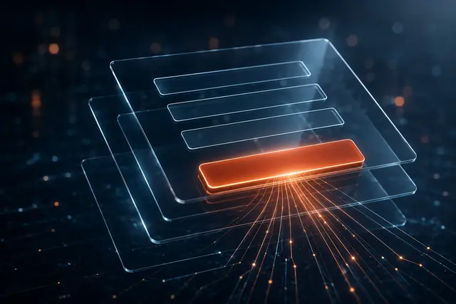 Abstrakte 3D-Darstellung eines Formulars aus schwebenden Glasflächen mit drei Eingabefeldern und einer leuchtenden orangefarbenen Schaltfläche, von der feine Lichtlinien ausgehen.