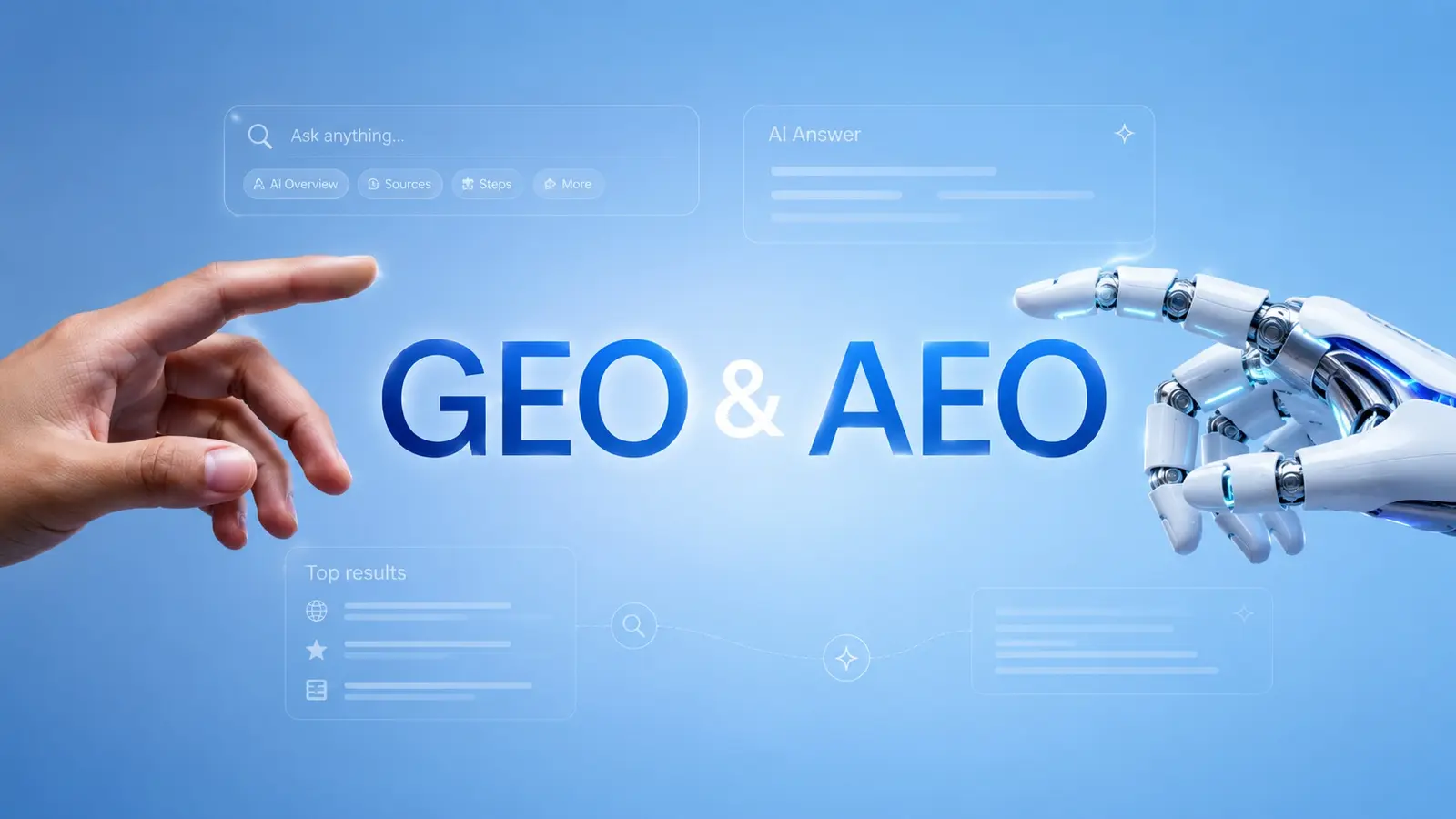 Blaue Illustration zum Thema GEO und AEO: eine menschliche und eine Roboterhand strecken sich einander entgegen, dazwischen der große Schriftzug GEO und AEO, umgeben von schwebenden KI-Suchelementen wie einer Suchleiste, einer AI-Answer-Karte und einer Ergebnisliste.