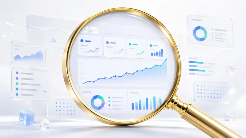 Illustration zur Google Search Console: ein übersichtliches Analyse-Dashboard mit einer ansteigenden Klickkurve, Balkendiagrammen und Kennzahlen zu Impressionen, Klicks und Position.
