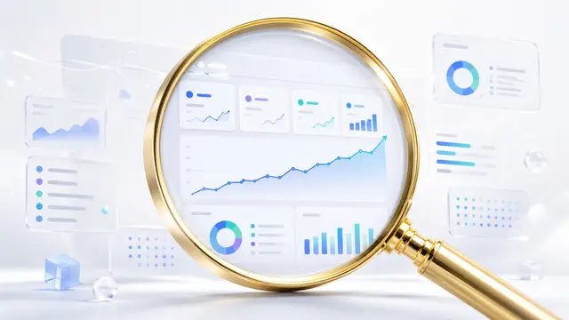 Illustration zur Google Search Console: ein übersichtliches Analyse-Dashboard mit einer ansteigenden Klickkurve, Balkendiagrammen und Kennzahlen zu Impressionen, Klicks und Position.