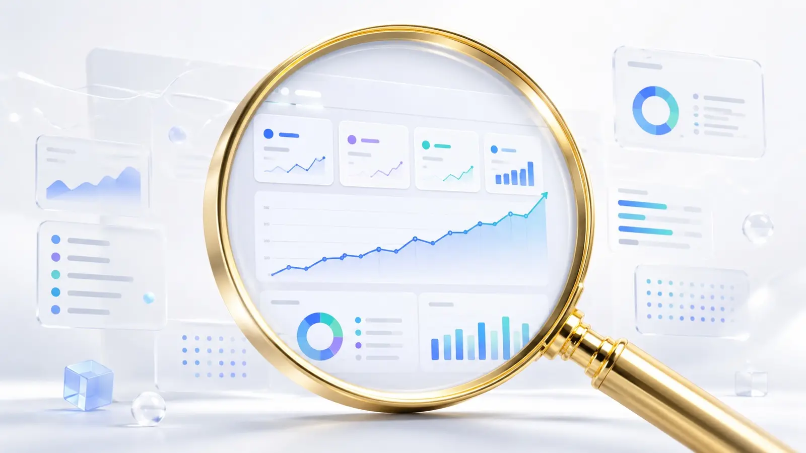 Illustration zur Google Search Console: ein übersichtliches Analyse-Dashboard mit einer ansteigenden Klickkurve, Balkendiagrammen und Kennzahlen zu Impressionen, Klicks und Position.