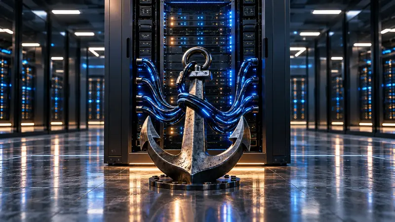 Ein massiver Anker aus gebürstetem Metall steht auf einer runden Bodenplatte in einem Rechenzentrum, um seinen Schaft winden sich blau leuchtende Kabel aus dem Serverschrank dahinter, links und rechts reihen sich weitere Serverschränke entlang eines spiegelnden Gangs.