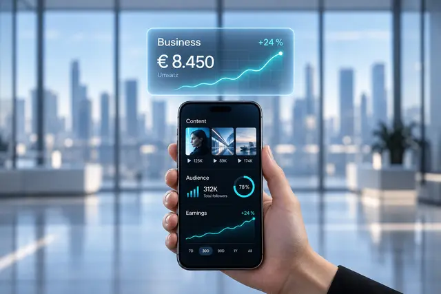 Hand hält ein Smartphone mit einem Statistik-Dashboard zu Inhalten, Followern und Einnahmen vor der Fensterfront eines Büros mit Blick auf eine Stadtsilhouette, darüber schwebt eine Karte mit einer steigenden Umsatzkurve.