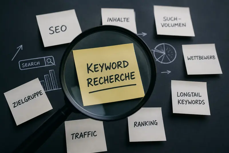 Lupe über einem gelben Notizzettel mit der Aufschrift „Keyword Recherche“, umgeben von Zetteln wie SEO, Inhalte, Suchvolumen, Wettbewerb und Longtail Keywords.