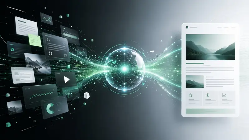 Illustration eines KI-Content-Workflows: links strömen viele verstreute Inhaltsfragmente (Texte, Bilder, Diagramme, Videos) als grüne Datenströme in eine leuchtende KI-Netzwerkkugel und werden rechts zu einem fertigen, aufgeräumten Artikel.