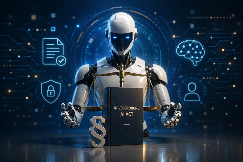 Sinnbild zur EU-KI-Verordnung: ein humanoider Roboter mit einer Waage der Gerechtigkeit über einem Buch mit der Aufschrift KI-Verordnung / AI Act und einem Paragrafenzeichen, umgeben von Symbolen für Dokument, Datenschutz, Gehirn und Person.