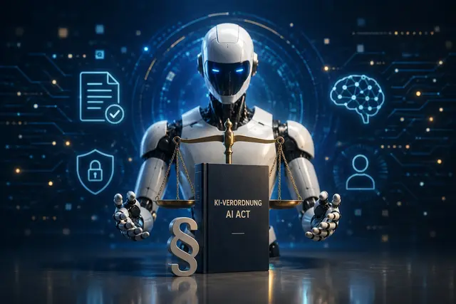 Sinnbild zur EU-KI-Verordnung: ein humanoider Roboter mit einer Waage der Gerechtigkeit über einem Buch mit der Aufschrift KI-Verordnung / AI Act und einem Paragrafenzeichen, umgeben von Symbolen für Dokument, Datenschutz, Gehirn und Person.