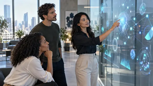 Drei Personen in einem hellen Büro mit Blick auf eine Hochhaus-Skyline betrachten eine Glaswand mit leuchtenden Netzwerk- und Diagrammgrafiken, eine Person zeigt auf eine leuchtende Kugel in der Mitte des Netzes.
