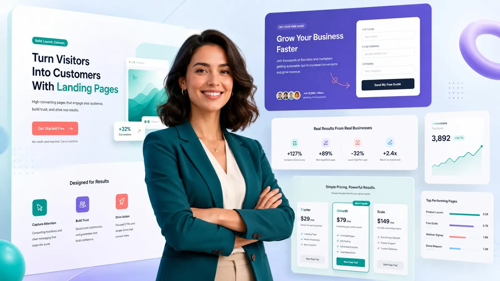 Lächelnde Frau im petrolfarbenen Blazer vor schwebenden Landingpage-Mockups mit der Überschrift „Turn Visitors Into Customers“, Call-to-Action-Buttons, Conversion-Statistiken und Preistabellen.