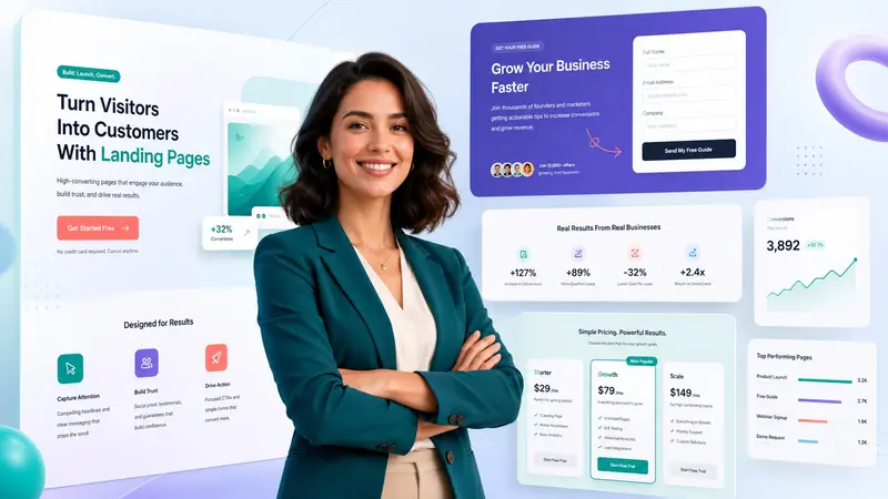 Lächelnde Frau im petrolfarbenen Blazer vor schwebenden Landingpage-Mockups mit der Überschrift „Turn Visitors Into Customers“, Call-to-Action-Buttons, Conversion-Statistiken und Preistabellen.