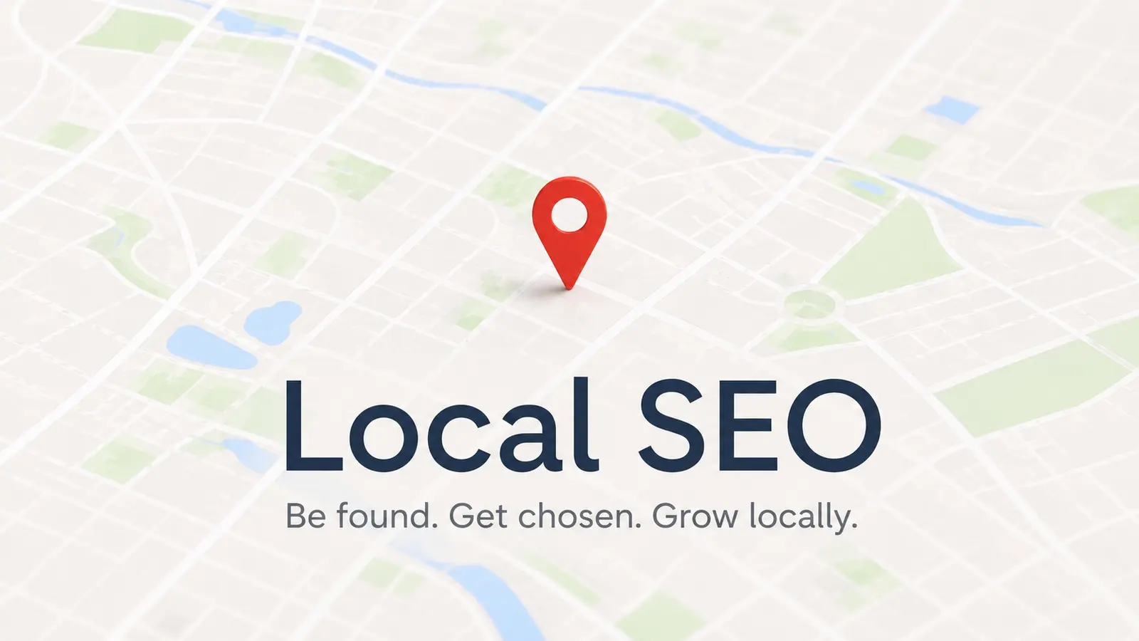 Stilisierte Stadtkarte mit rotem Standort-Pin und dem Schriftzug „Local SEO“.