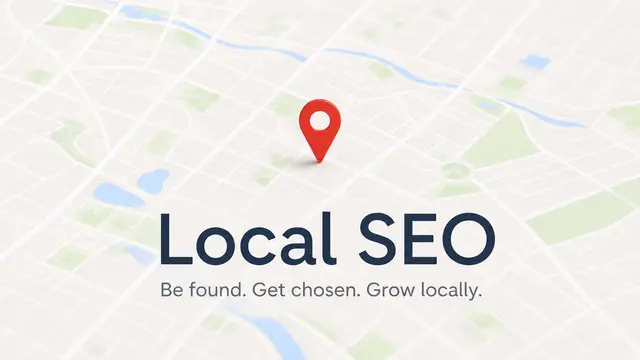 Stilisierte Stadtkarte mit rotem Standort-Pin und dem Schriftzug „Local SEO“.