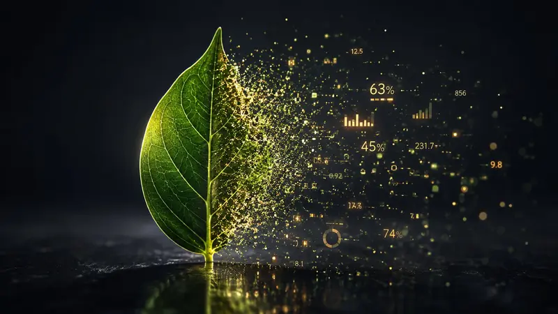 Ein grünes Blatt, dessen rechte Hälfte sich in leuchtende Zahlen und Prozentangaben auflöst, vor dunklem Hintergrund.