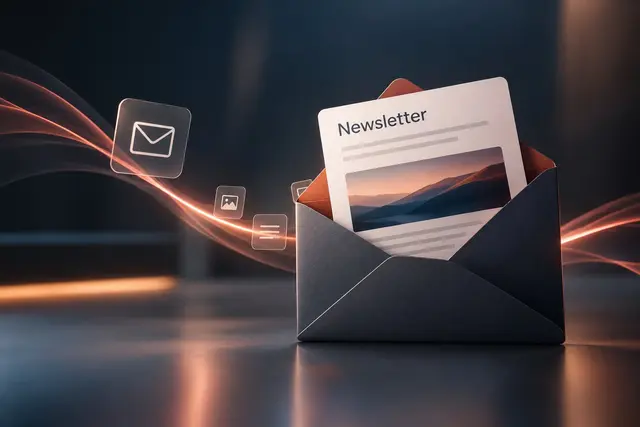 Geöffneter Briefumschlag mit einer Newsletter-Ausgabe, daneben Symbole für E-Mail, Bild und Text auf einer leuchtenden Linie