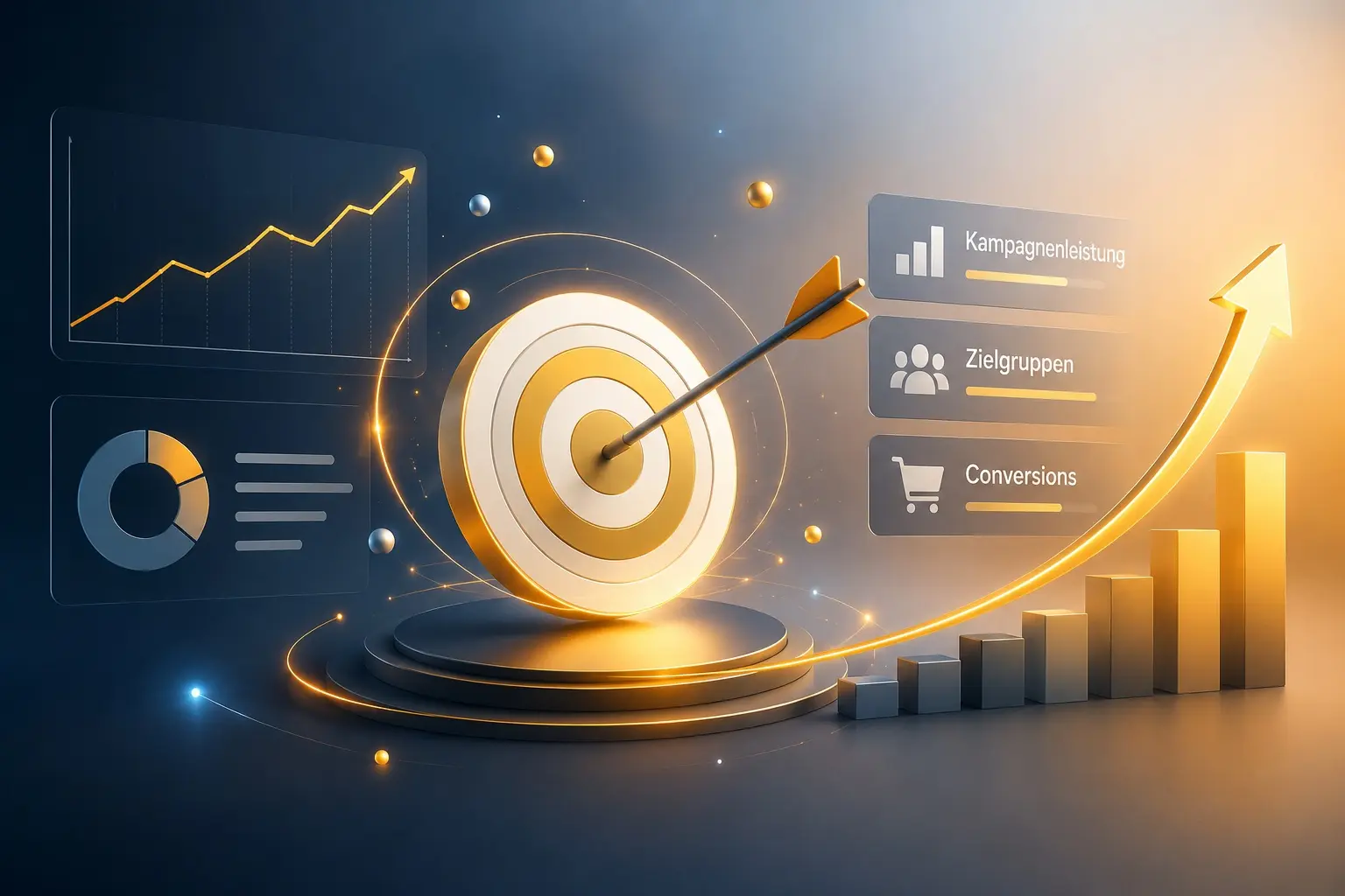 Illustration zu Google Ads Performance Max: eine zentrale, KI-gesteuerte Kampagne, aus der Anzeigen über mehrere Google-Kanäle wie Suche, YouTube und Display ausgespielt werden, mit einem ansteigenden Wachstumsdiagramm.
