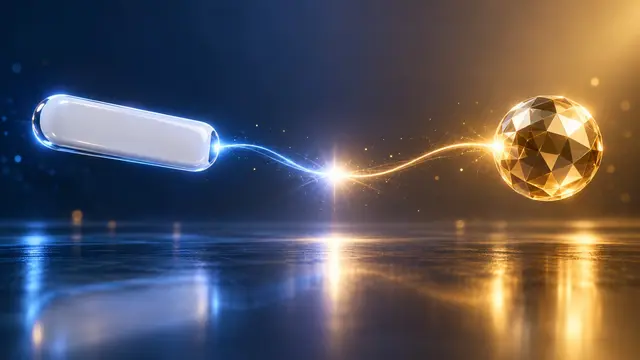 Links schwebt eine weiße Kapsel in Form eines leeren Suchfelds mit blauem Lichtstrahl, rechts eine goldene Kugel mit Facetten und goldenem Lichtstrahl, beide Strahlen treffen sich in der Mitte in einem hellen Lichtpunkt.