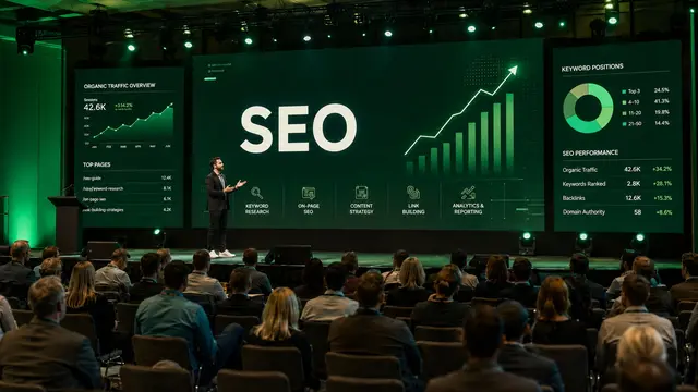 Sinnbild für eine SEO-Fachkonferenz: ein Redner auf einer Bühne vor vollem Saal, dahinter große Bildschirme mit Auswertungen zu Rankings und organischen Zugriffen.