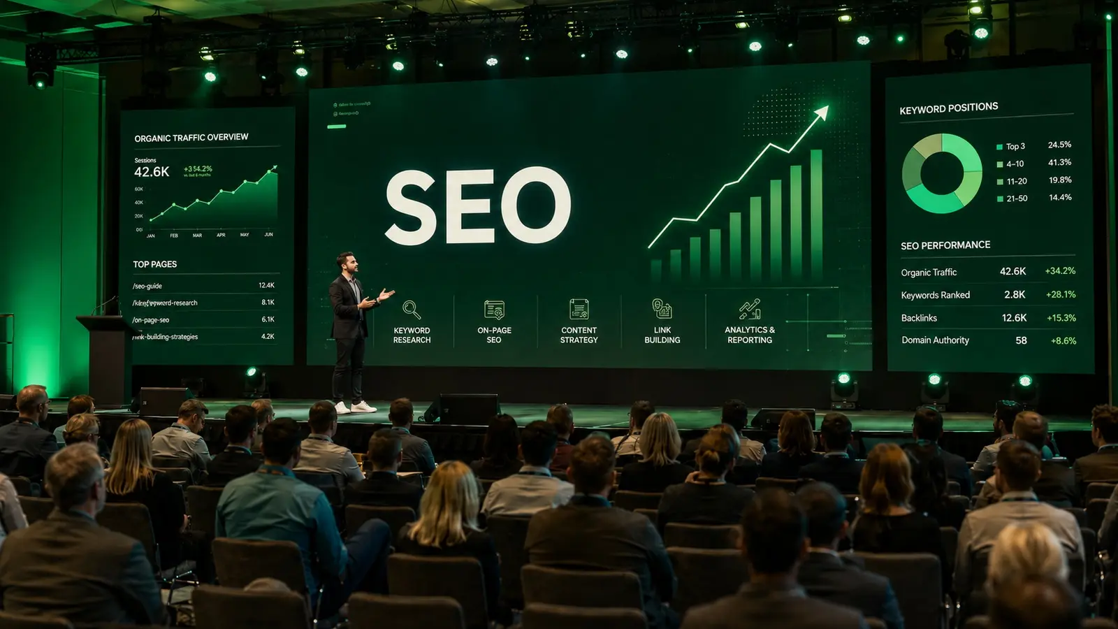 Sinnbild für eine SEO-Fachkonferenz: ein Redner auf einer Bühne vor vollem Saal, dahinter große Bildschirme mit Auswertungen zu Rankings und organischen Zugriffen.