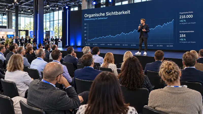 Ein Vortragender spricht auf einer Konferenzbühne vor einer großen Leinwand mit einem steigenden Diagramm zur organischen Sichtbarkeit, im Vordergrund sitzt das Publikum in Stuhlreihen, im Hintergrund liegt eine Halle mit Glasfront.