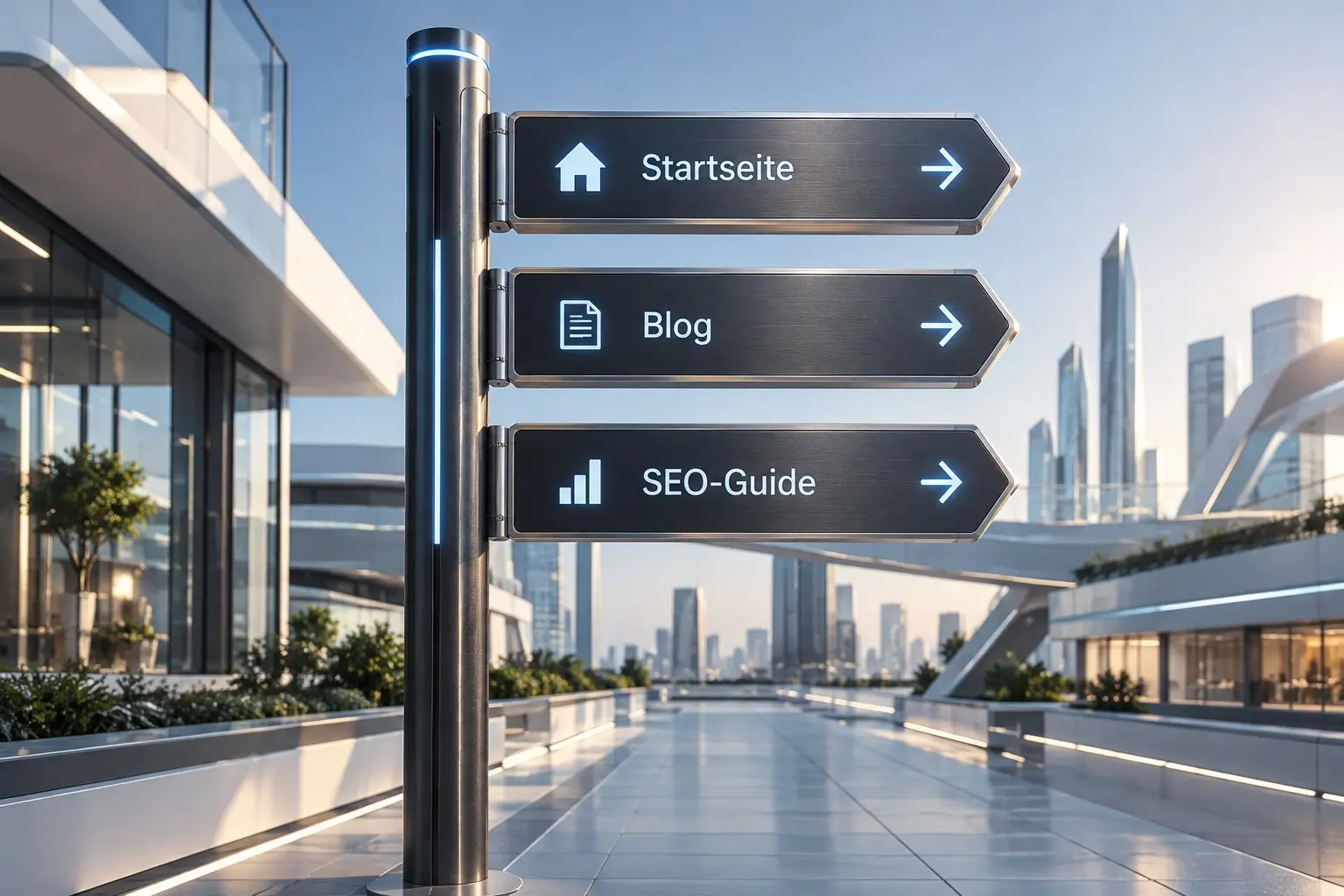 An einem silbernen Pfosten auf einer hellen Dachterrasse zeigen drei dunkle Schilder mit Pfeilen zur Startseite, zum Blog und zum SEO-Guide, im Hintergrund ragen Hochhäuser in den hellen Himmel.