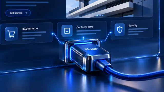 Ein blau leuchtender Stecker mit der Aufschrift Plugin steckt in einer Website-Oberfläche, darüber liegen Kacheln für eCommerce, Contact Forms und Security sowie die Vorschau einer Website mit moderner Architektur.