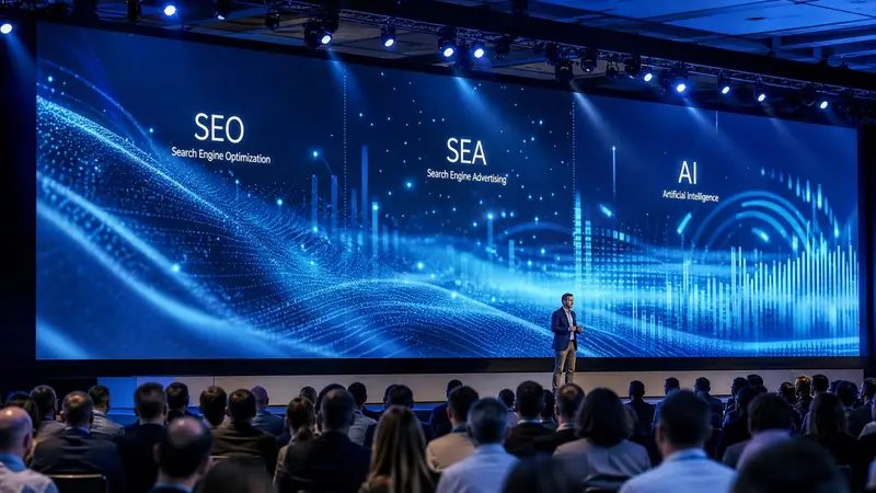 Illustration zur Search Marketing Expo mit einem Vortragssaal, Bühne und Publikum sowie Symbolen für SEO, Anzeigen und KI-Suche.