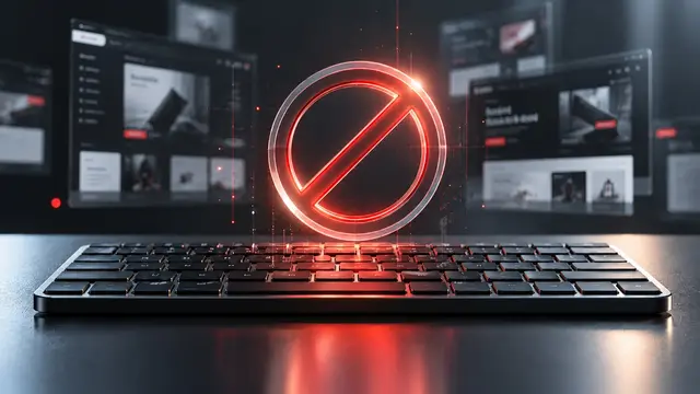 Ein rot leuchtendes Verbotsschild schwebt über einer schwarzen Tastatur auf einem dunklen Tisch, im unscharfen Hintergrund stehen mehrere Bildschirmfenster mit Websites.