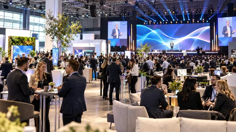Messehalle mit Glasfront, in der ein Mann auf einer beleuchteten Bühne vor einer Leinwand mit blauen Wellenlinien spricht, während sich im Vordergrund Besucherinnen und Besucher an Stehtischen und auf Sofas zwischen Ausstellungsständen und Pflanzen unterhalten.