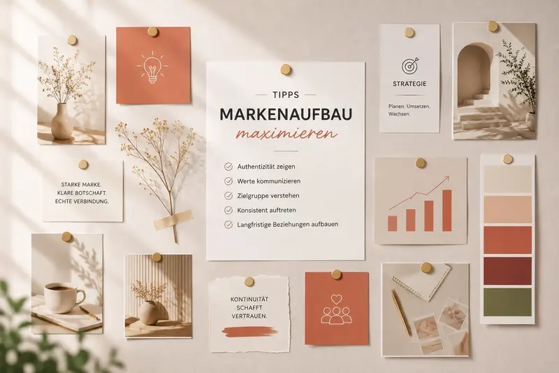 Moodboard im warmen Pinterest-Look: angepinnte Karten mit der Aufschrift „Tipps Markenaufbau“, einer Checkliste, einer Farbpalette in Erdtönen, einem Wachstumsdiagramm sowie dekorativen Elementen wie Trockenblumen und einer Kaffeetasse.