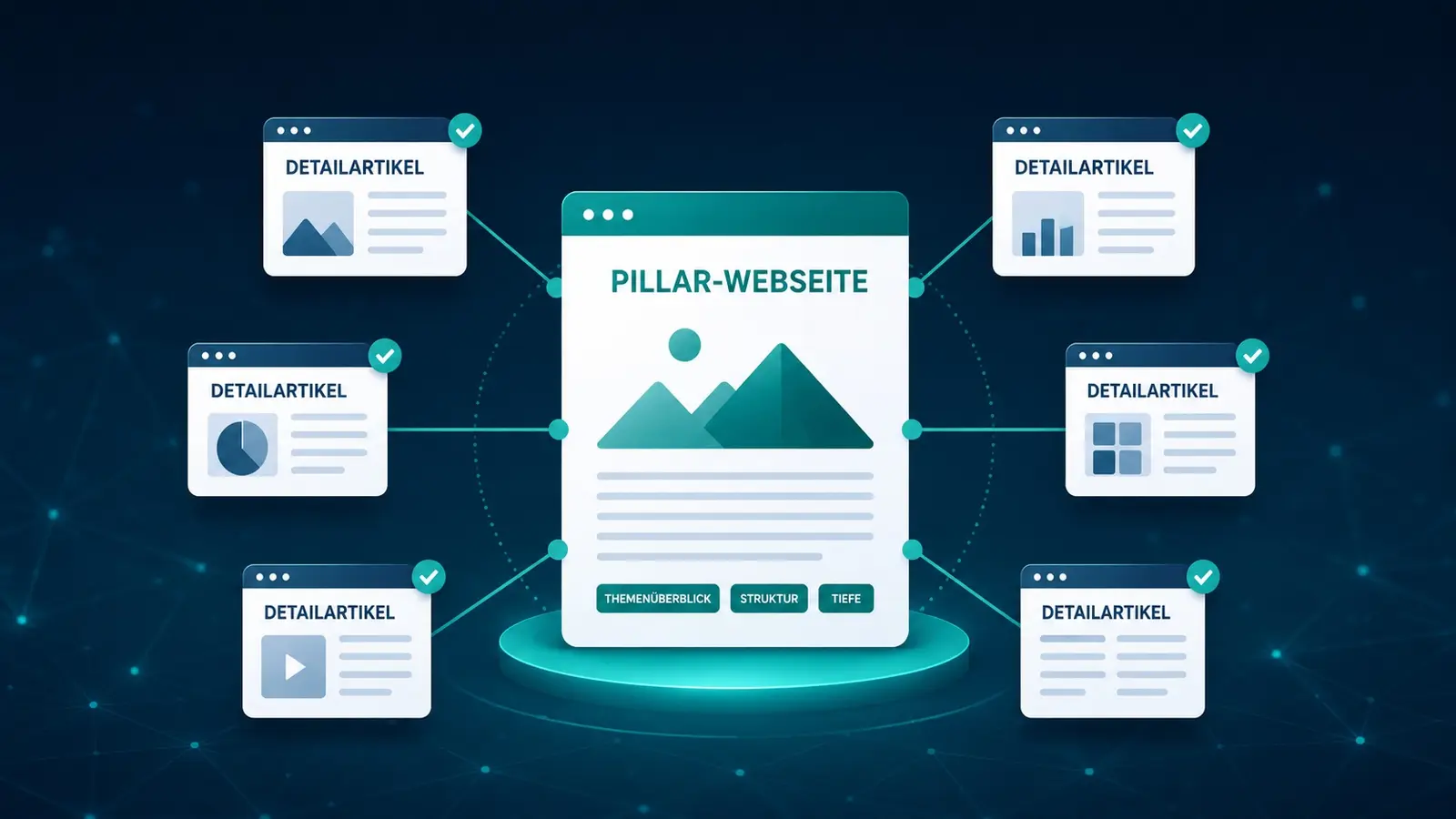 Dunkelblaue Illustration eines Topic-Clusters: eine zentrale „Pillar-Webseite“ ist über Linien mit sechs umliegenden „Detailartikel“-Kacheln verbunden.
