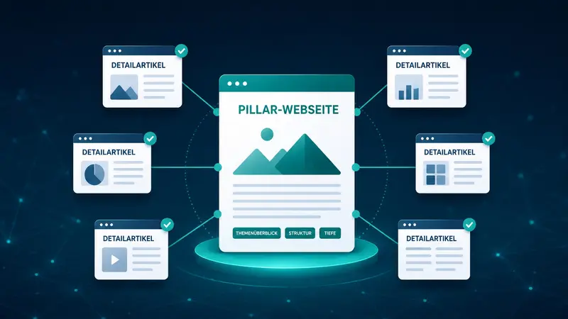 Dunkelblaue Illustration eines Topic-Clusters: eine zentrale „Pillar-Webseite“ ist über Linien mit sechs umliegenden „Detailartikel“-Kacheln verbunden.