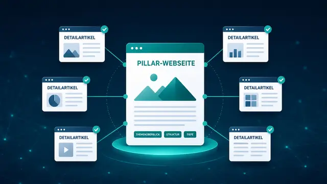 Dunkelblaue Illustration eines Topic-Clusters: eine zentrale „Pillar-Webseite“ ist über Linien mit sechs umliegenden „Detailartikel“-Kacheln verbunden.