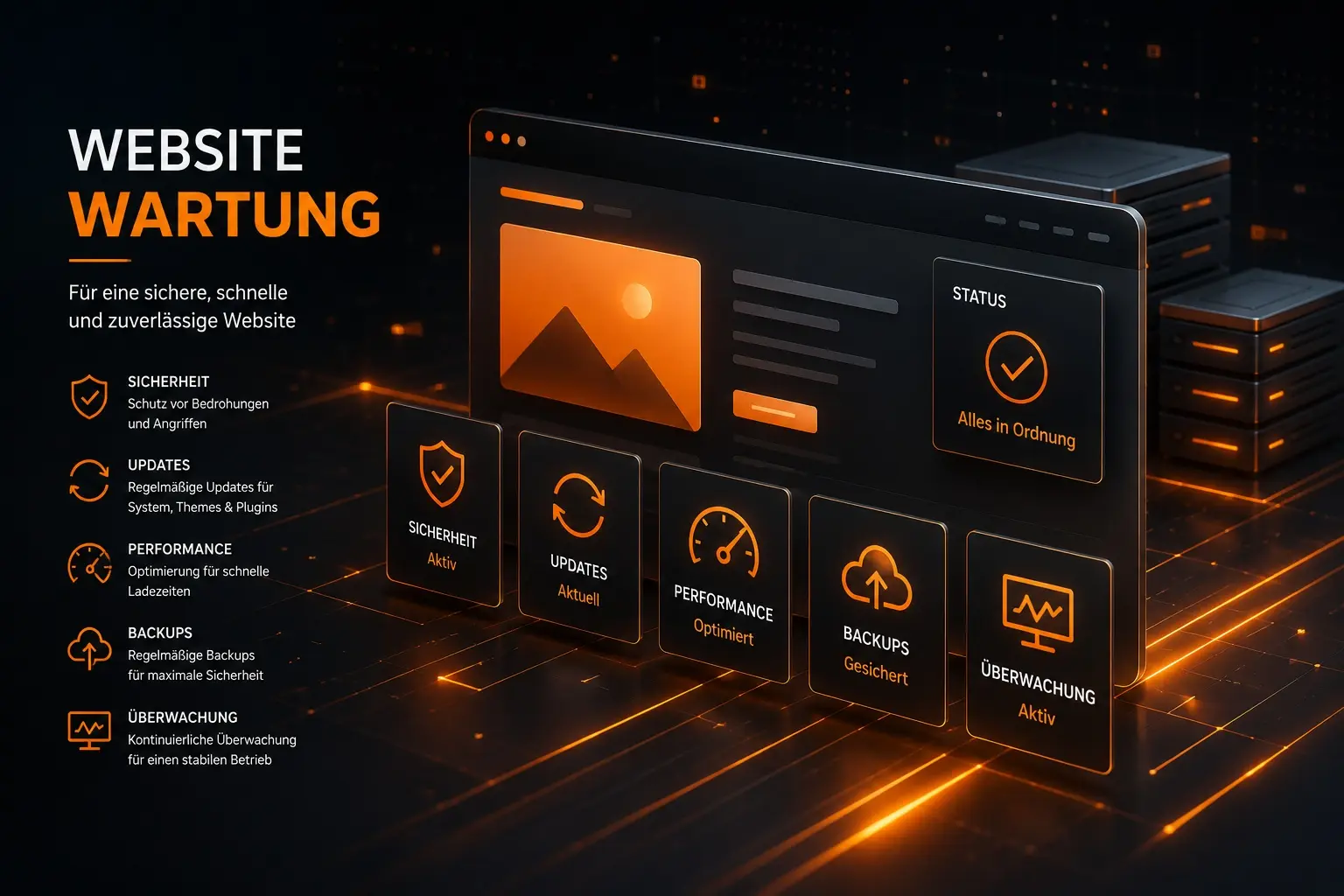 Illustration zur Website-Wartung: ein Browserfenster vor Servern, davor Kacheln für Sicherheit, Updates, Performance, Backups und Überwachung mit der Statusmeldung „Alles in Ordnung“.